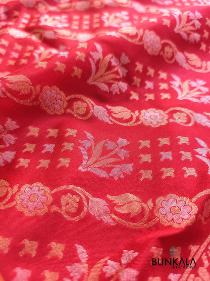 Red Ektara Banarasi Jamdani Weaved Silk Saree