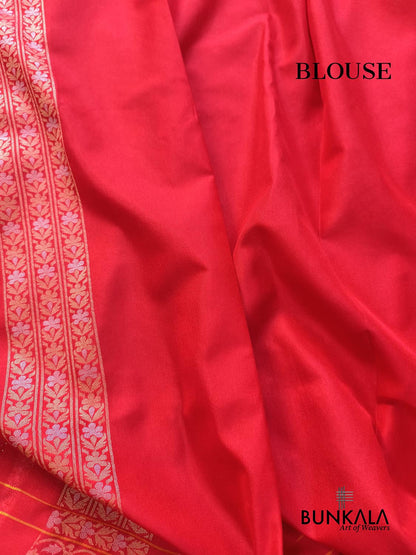 Red Ektara Banarasi Jamdani Weaved Silk Saree