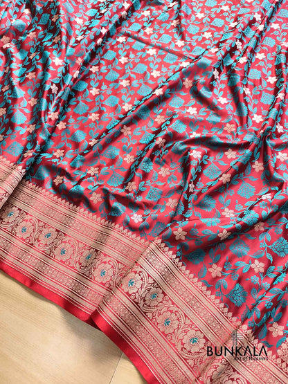 Red Floral Jaal Jamewar Weaved Banarasi Mashru Silk Saree