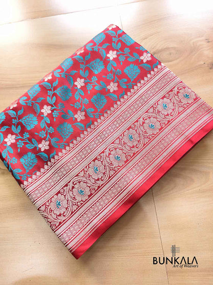 Red Floral Jaal Jamewar Weaved Banarasi Mashru Silk Saree
