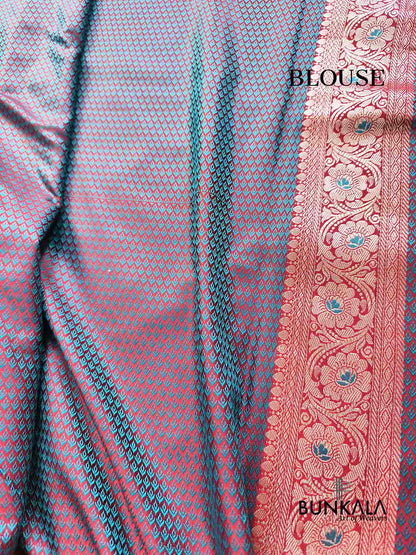 Red Floral Jaal Jamewar Weaved Banarasi Mashru Silk Saree