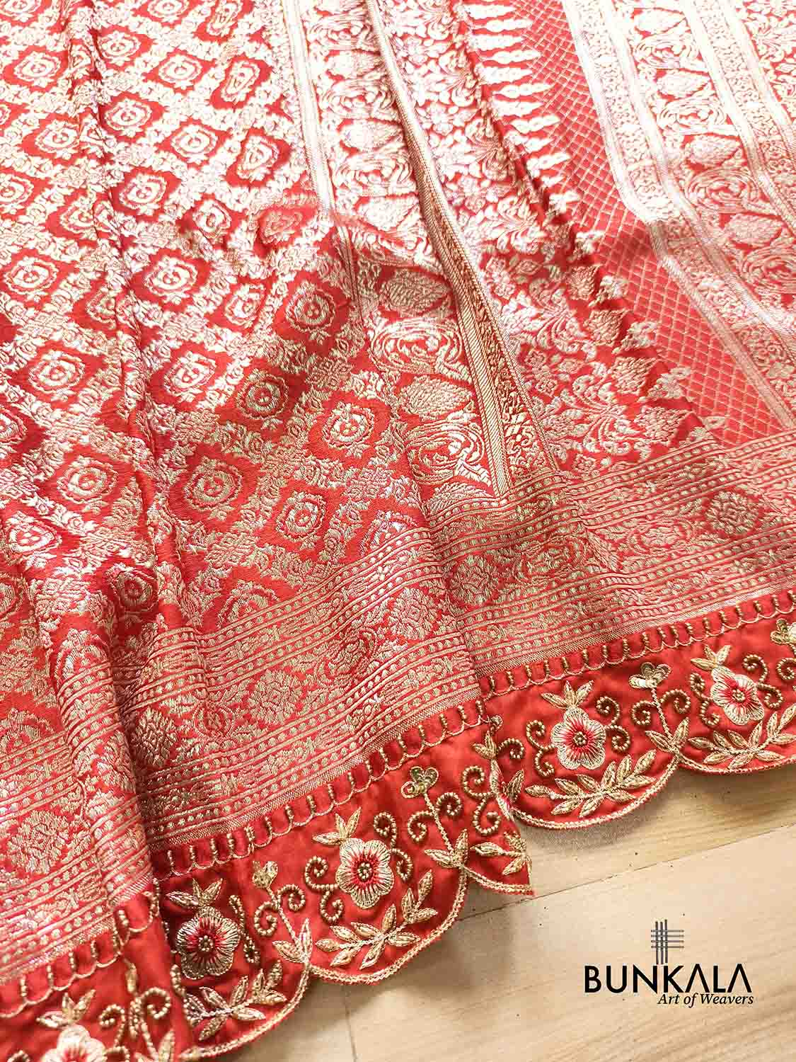 Red Hand Embroidered Brocade Mashru Silk Saree