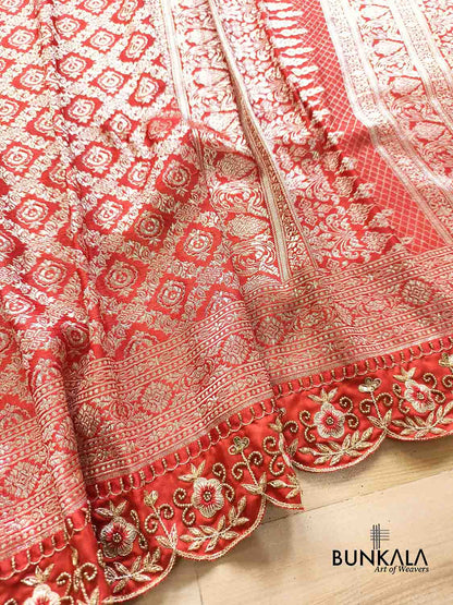 Red Hand Embroidered Brocade Mashru Silk Saree