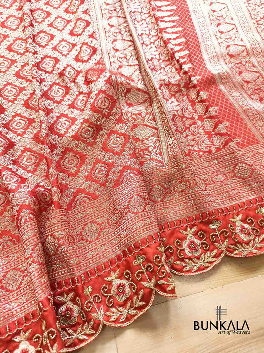 Red Hand Embroidered Brocade Mashru Silk Saree