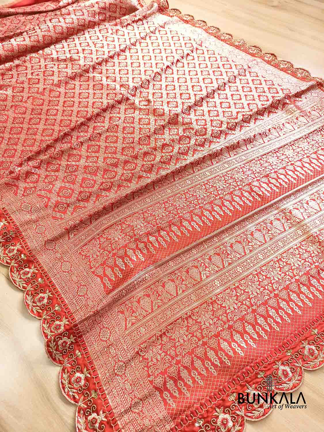 Red Hand Embroidered Brocade Mashru Silk Saree