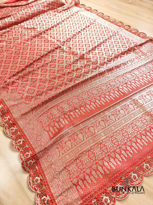 Red Hand Embroidered Brocade Mashru Silk Saree