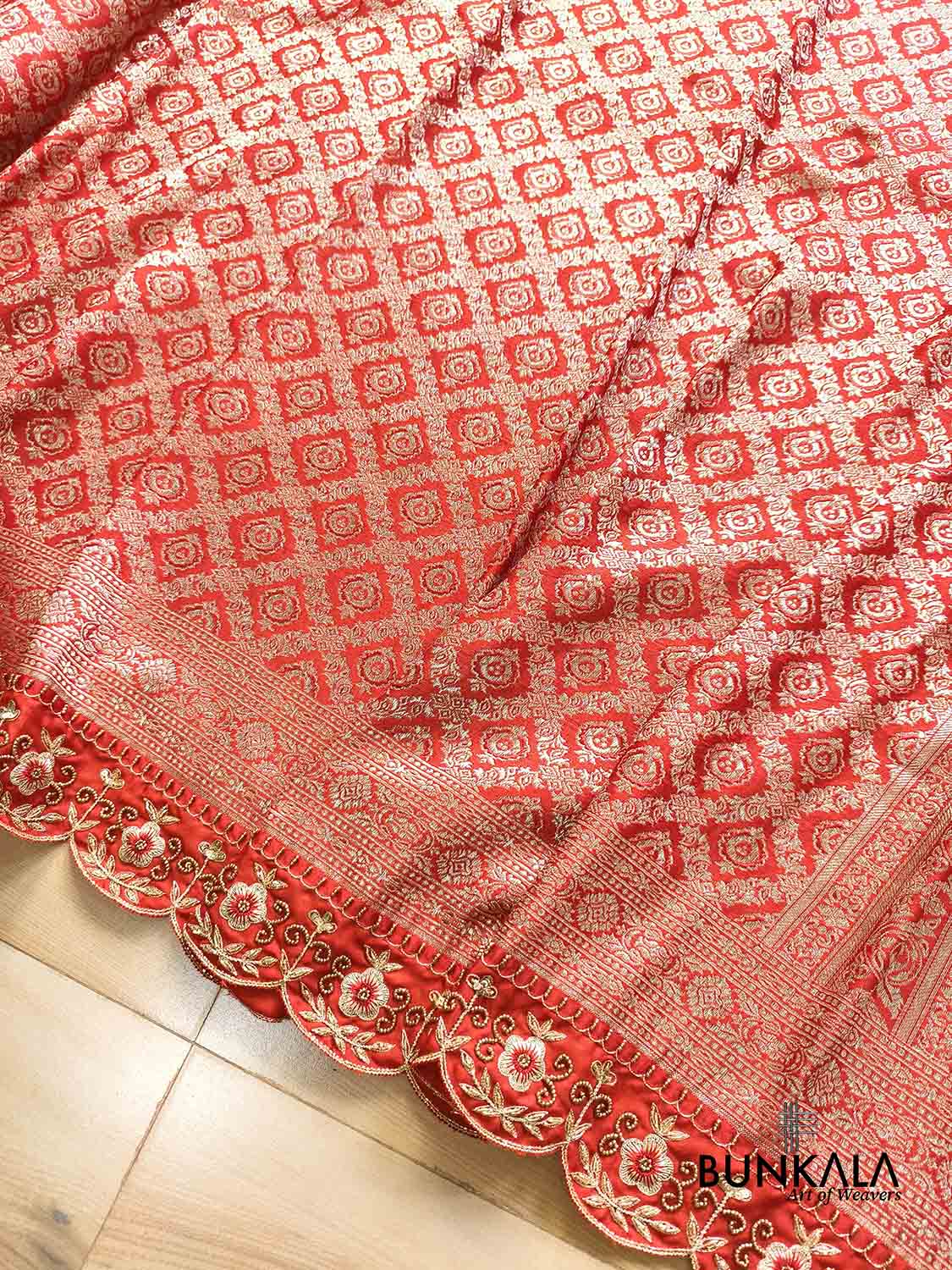 Red Hand Embroidered Brocade Mashru Silk Saree