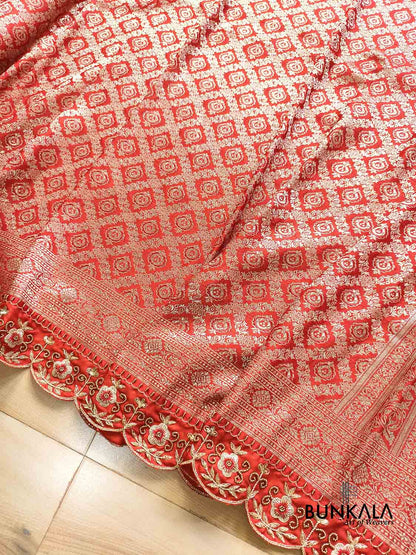 Red Hand Embroidered Brocade Mashru Silk Saree