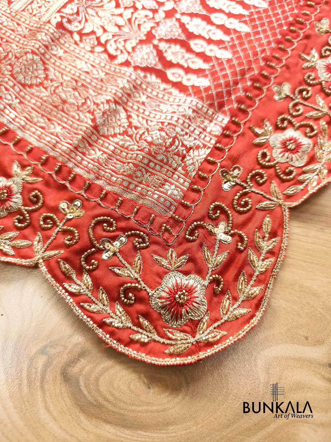 Red Hand Embroidered Brocade Mashru Silk Saree