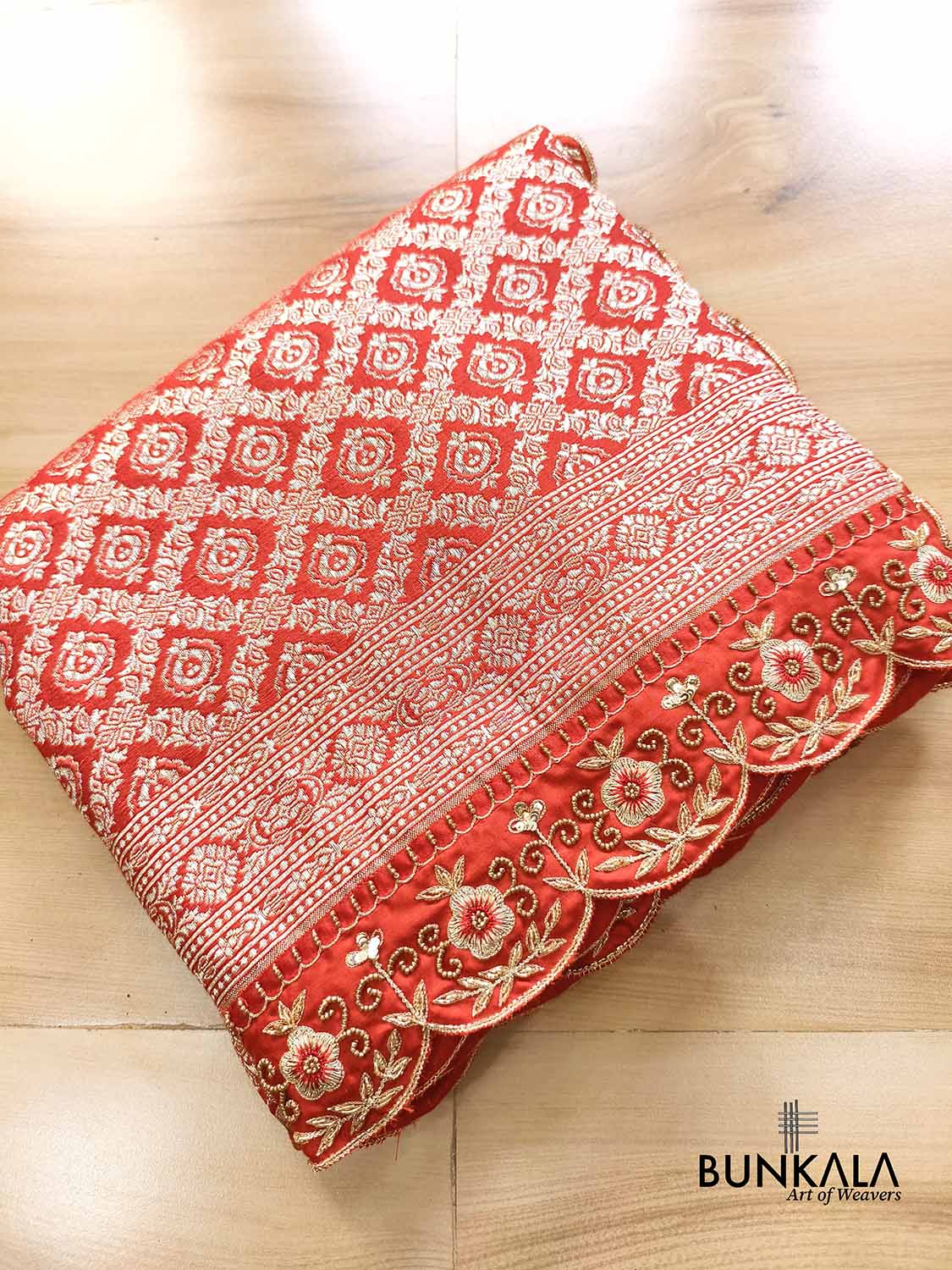 Red Hand Embroidered Brocade Mashru Silk Saree