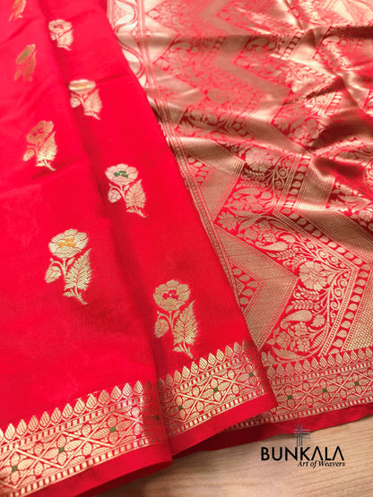 Red Meena Floral Buta Pure Banarasi Mango Silk Saree 