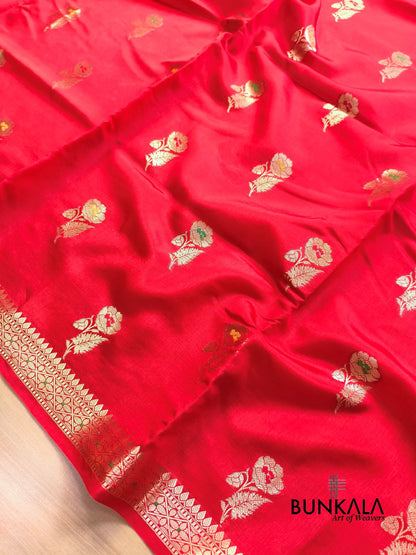 Red Meena Floral Buta Pure Banarasi Mango Silk Saree 