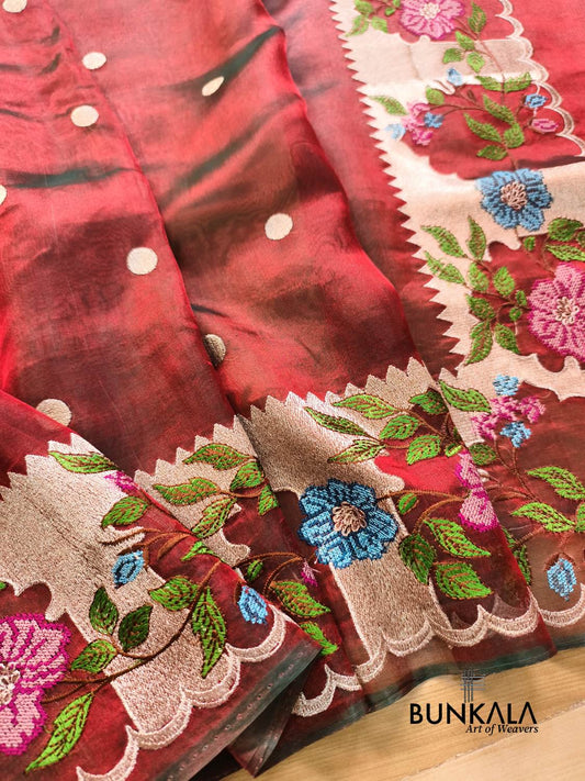 Red Multicolour Floral Border Banarasi Embroidery Tissue Silk Saree
