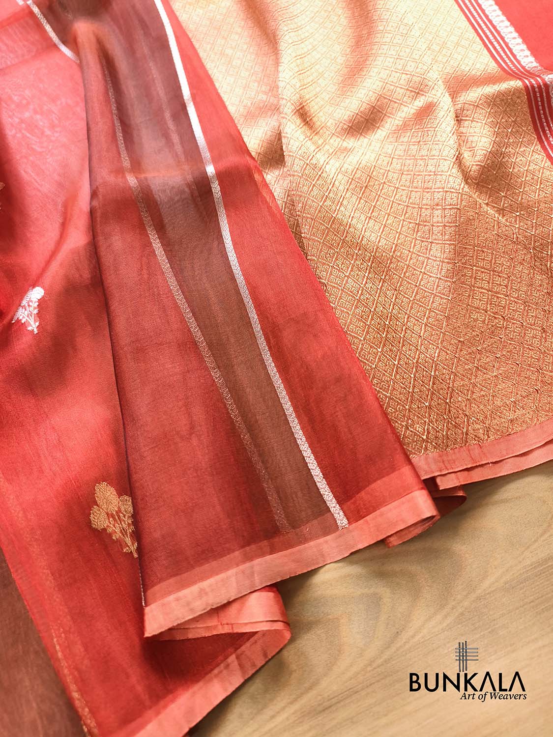 Red Stripe Buti Handloom Banarasi Pure Tissue Silk Saree