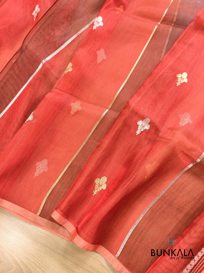 Red Stripe Buti Handloom Banarasi Pure Tissue Silk Saree