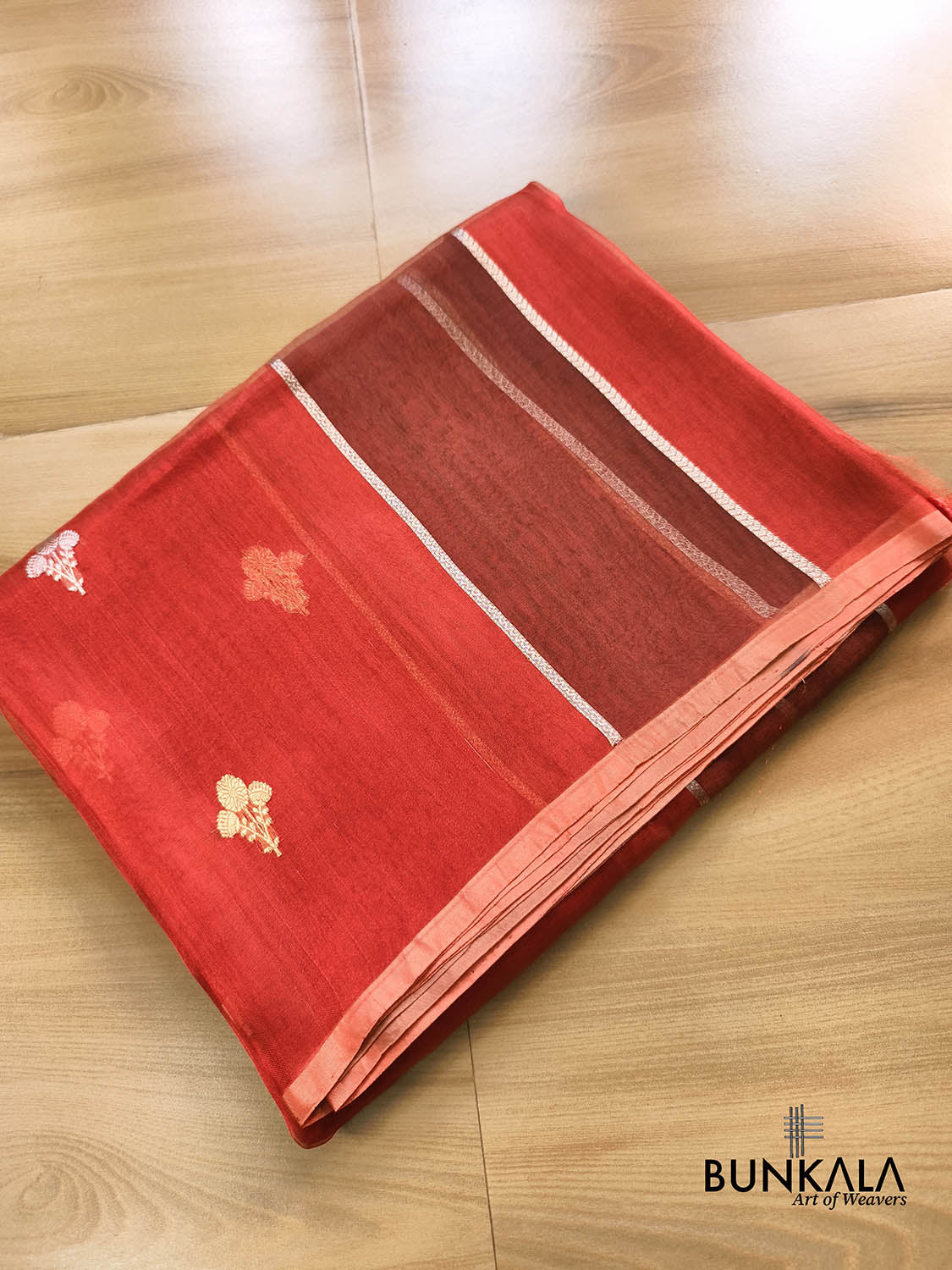 Red Stripe Buti Handloom Banarasi Pure Tissue Silk Saree
