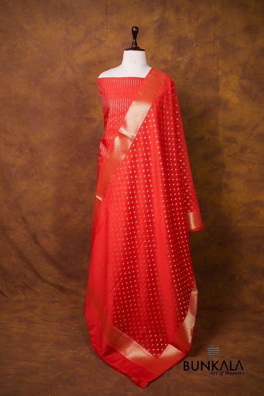 Red Stripe Banarasi Pure Cotton Silk Unstitched Suit Set