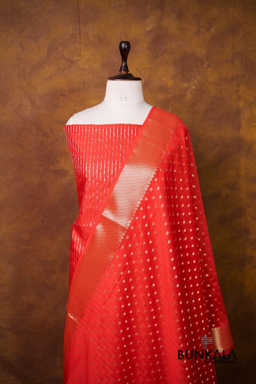 Red Stripe Banarasi Pure Cotton Silk Unstitched Suit Set