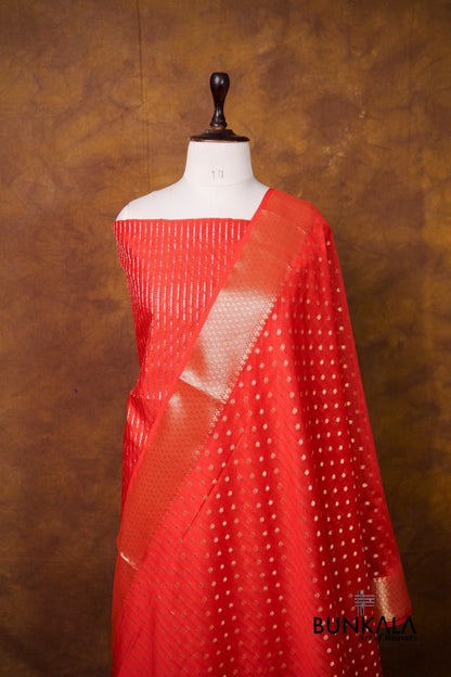 Red Stripe Banarasi Pure Cotton Silk Unstitched Suit Set