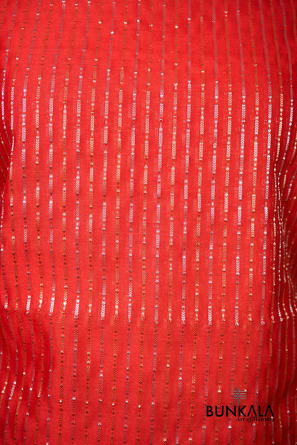 Red Stripe Banarasi Pure Cotton Silk Unstitched Suit Set