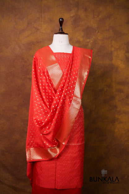 Red Stripe Banarasi Pure Cotton Silk Unstitched Suit Set