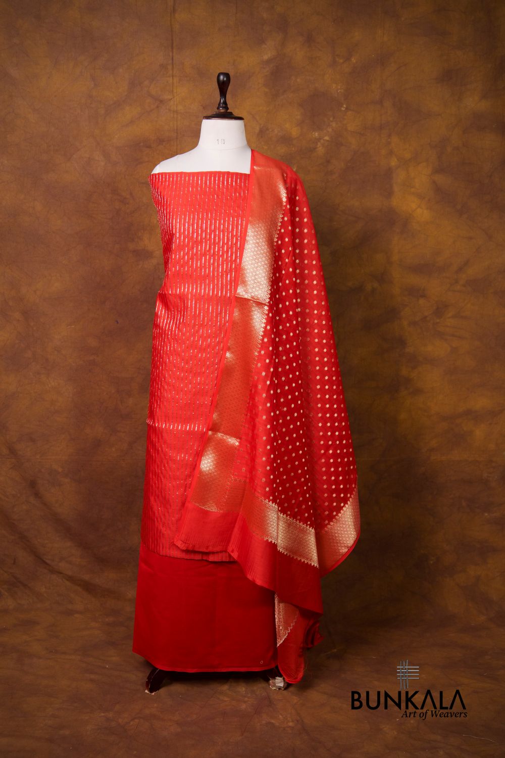 Red Stripe Banarasi Pure Cotton Silk Unstitched Suit Set