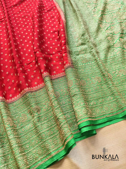 Red with Green Big Contrast Border Banarasi Georgette Saree