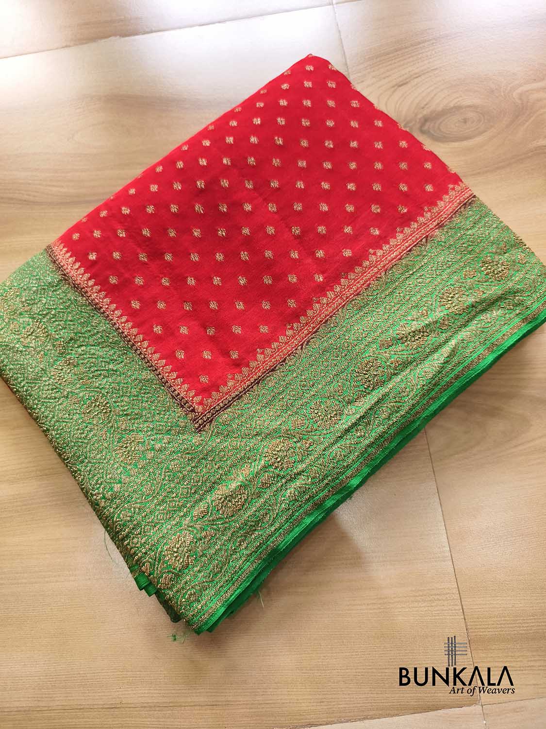 Red with Green Big Contrast Border Banarasi Georgette Saree