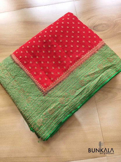 Red with Green Big Contrast Border Banarasi Georgette Saree