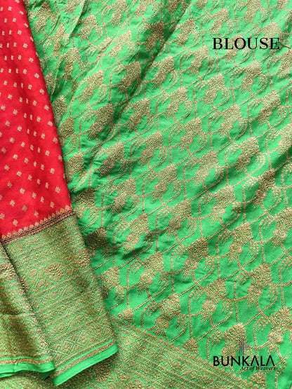 Red with Green Big Contrast Border Banarasi Georgette Saree