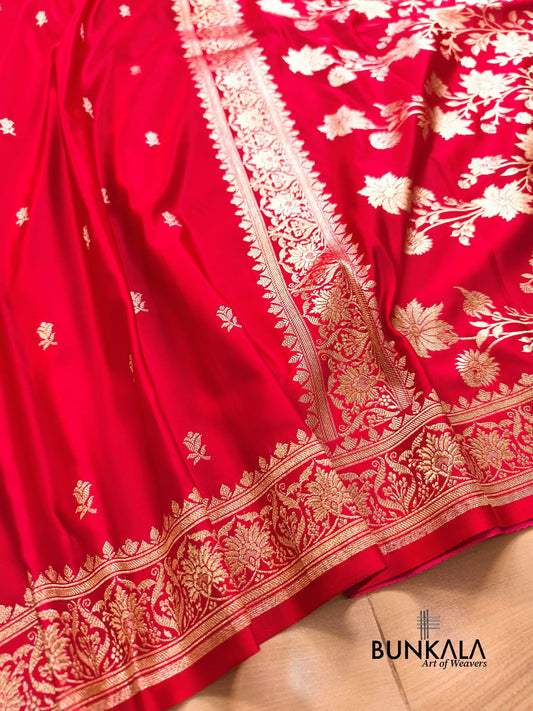 Reddish Pink Buti Banarasi Mashru Soft Silk Saree with Jaal Floral Pallu