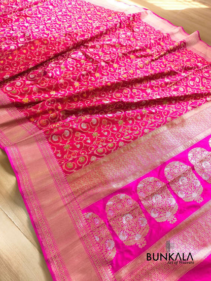 Reddish Pink Meenakari Handweaved Sona Rupa Banarasi Pure Katan Silk Saree
