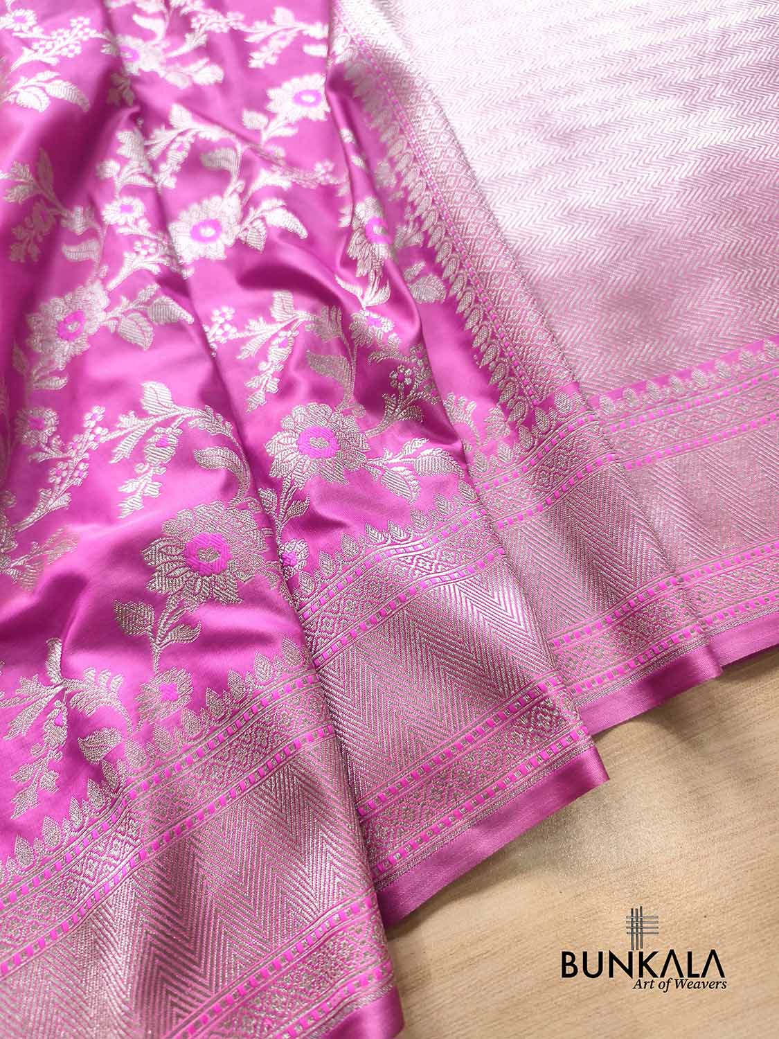 Rose Pink Meena Floral Jaal Weaved Banarasi Mashru Silk Saree