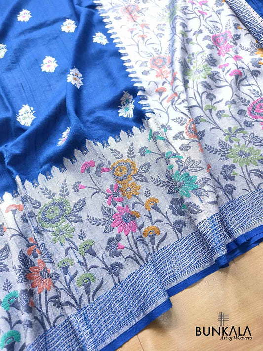 Royal Blue Silver Zari Meenakari Big Border Handloom Banarasi Pure Tussar Silk Saree