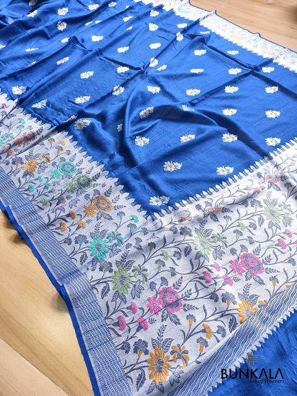 Royal Blue Silver Zari Meenakari Big Border Handloom Banarasi Pure Tussar Silk Saree