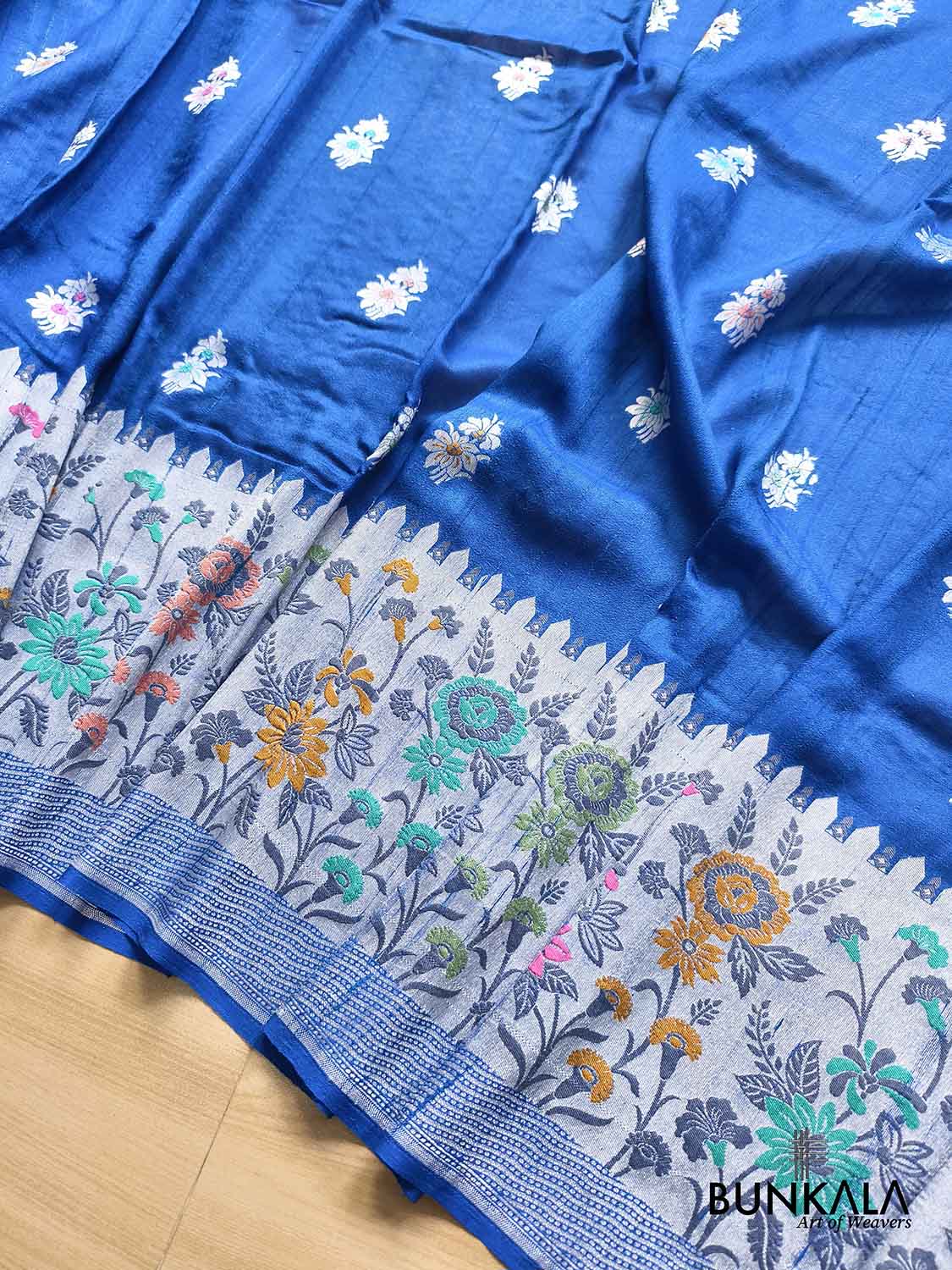 Royal Blue Silver Zari Meenakari Big Border Handloom Banarasi Pure Tussar Silk Saree
