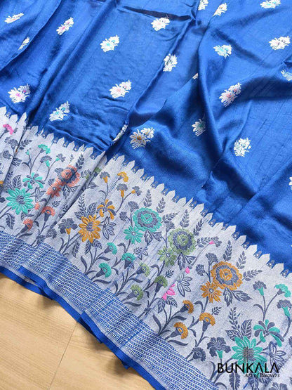 Royal Blue Silver Zari Meenakari Big Border Handloom Banarasi Pure Tussar Silk Saree