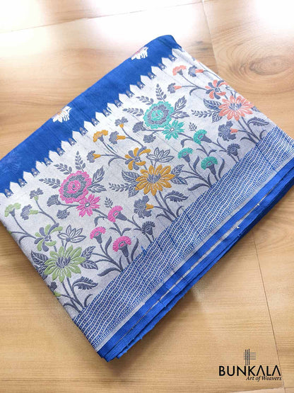 Royal Blue Silver Zari Meenakari Big Border Handloom Banarasi Pure Tussar Silk Saree