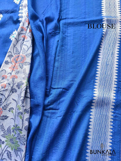 Royal Blue Silver Zari Meenakari Big Border Handloom Banarasi Pure Tussar Silk Saree