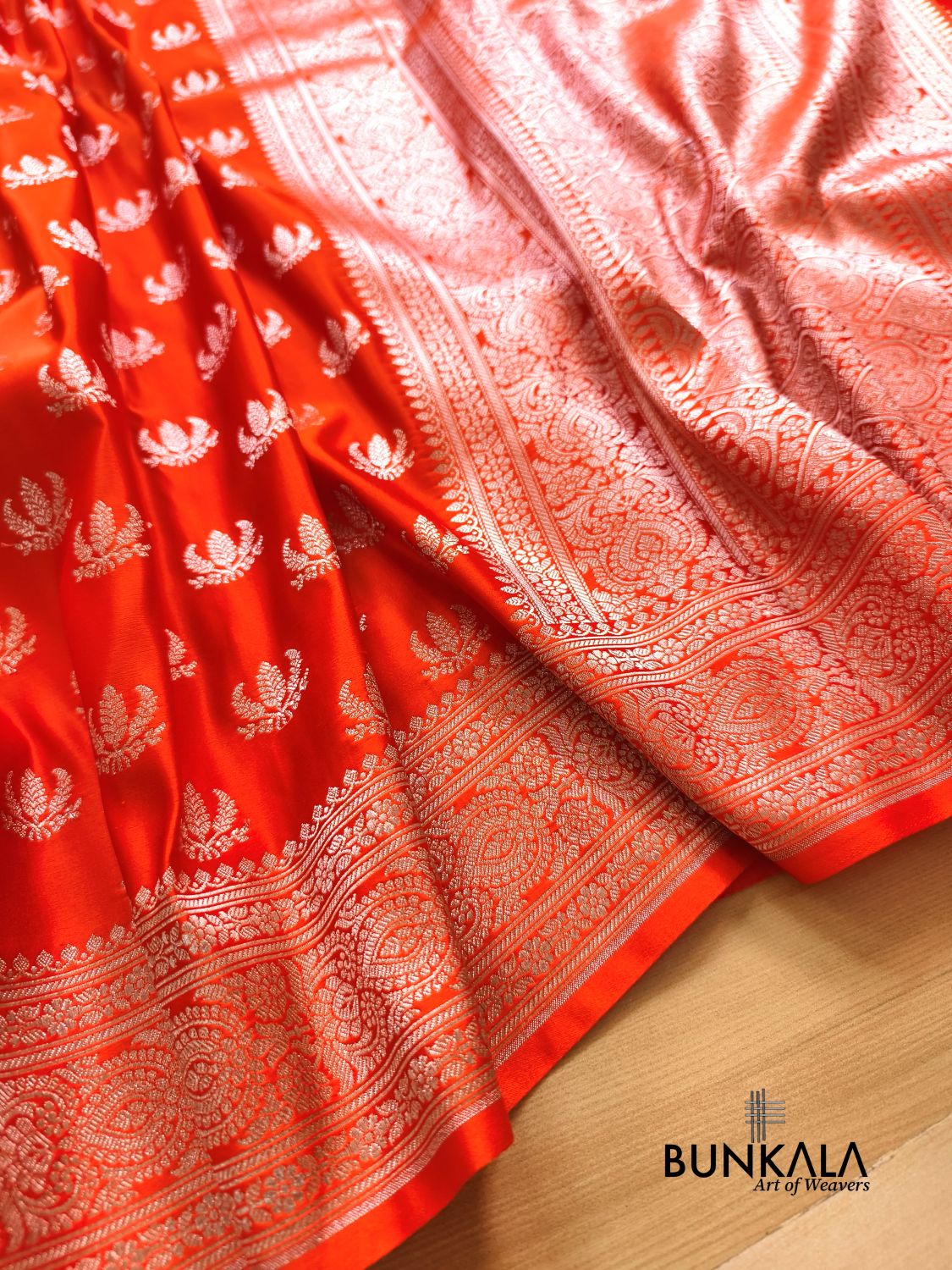 Royal Orange Leaf Buti Banarasi Mashru Soft Silk Saree 