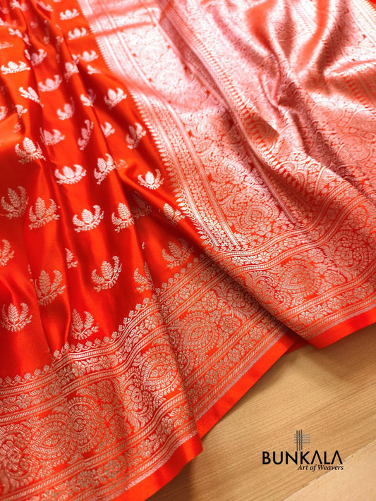 Royal Orange Leaf Buti Banarasi Mashru Soft Silk Saree 