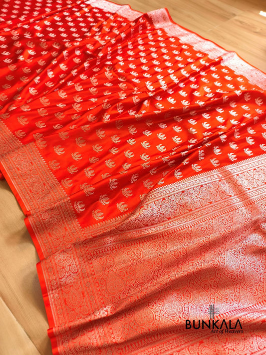 Royal Orange Leaf Buti Banarasi Mashru Soft Silk Saree 