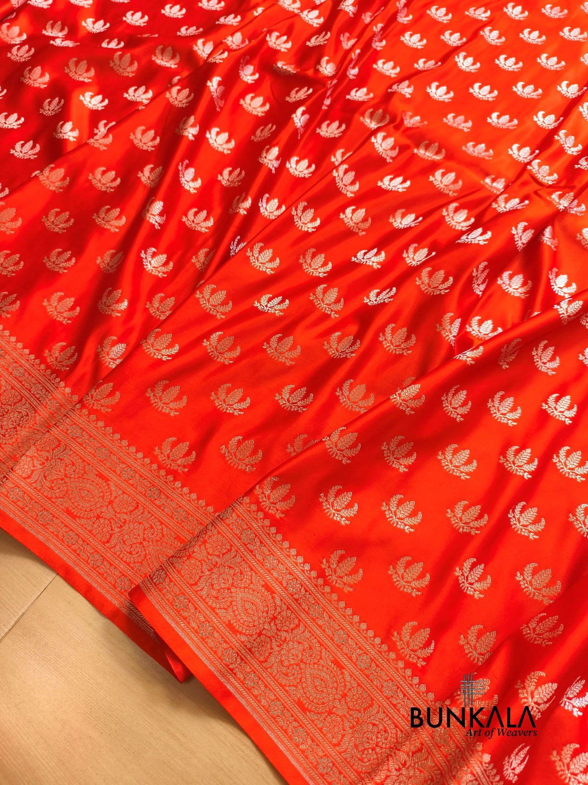Royal Orange Leaf Buti Banarasi Mashru Soft Silk Saree 