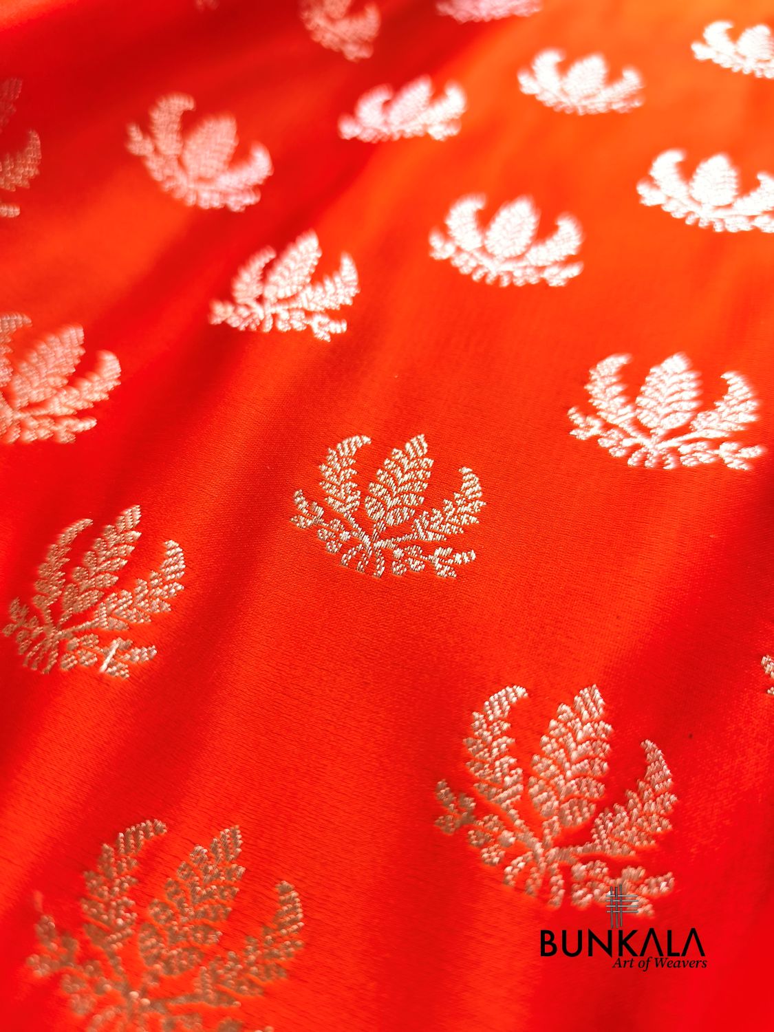 Royal Orange Leaf Buti Banarasi Mashru Soft Silk Saree 