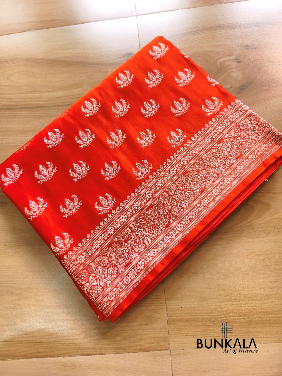 Royal Orange Leaf Buti Banarasi Mashru Soft Silk Saree 