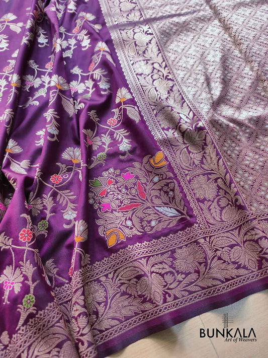 Royal Wine Floral Meenakari Banarasi Silk Saree
