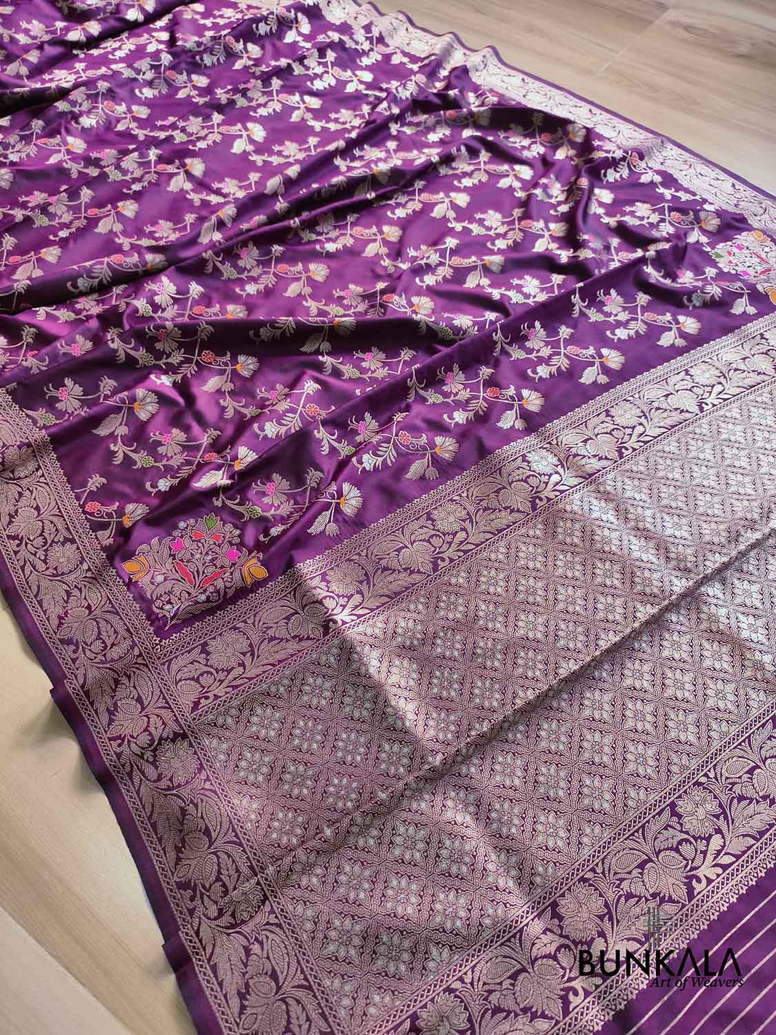 Royal Wine Floral Meenakari Banarasi Silk Saree