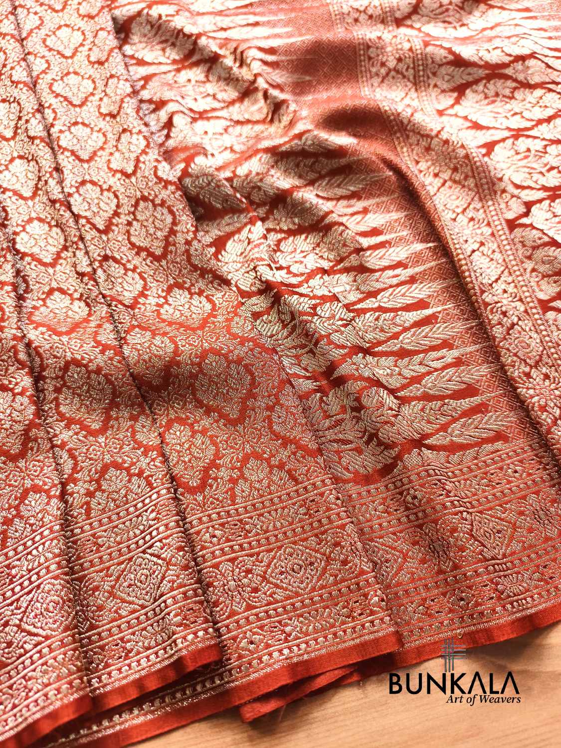 Rust Orange Brocade Weaved Banarasi Mashru Silk Saree 
