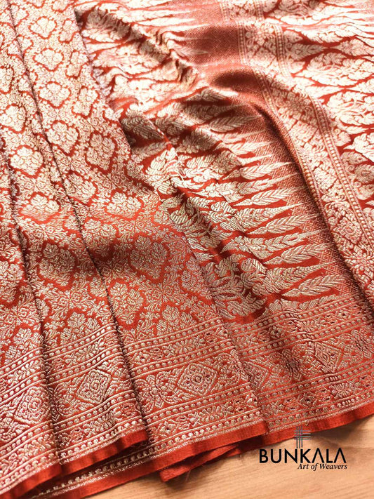 Rust Orange Brocade Weaved Banarasi Mashru Silk Saree 