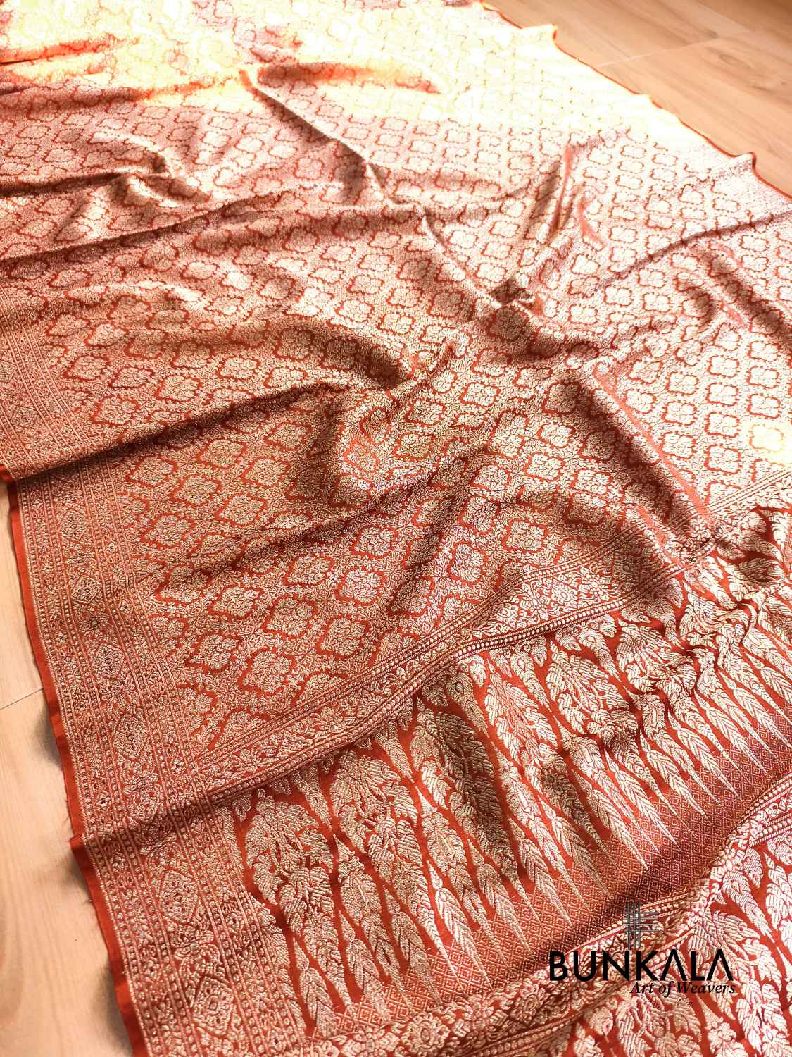 Rust Orange Brocade Weaved Banarasi Mashru Silk Saree 